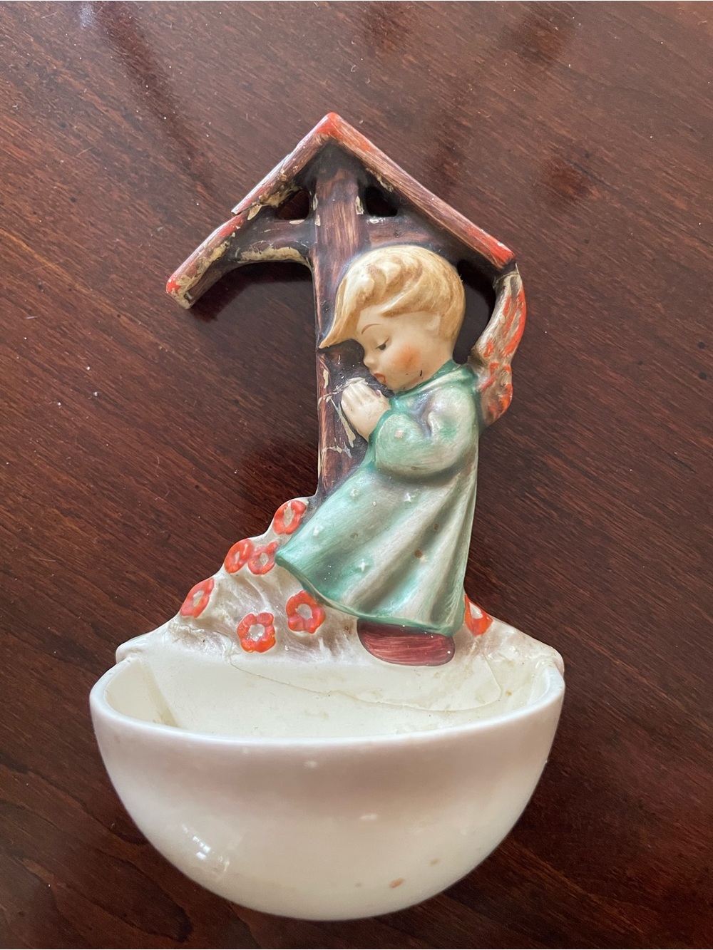 Hummel Holy Water Font Vintage Green Angel Wall Pocket with Red Flower Accents